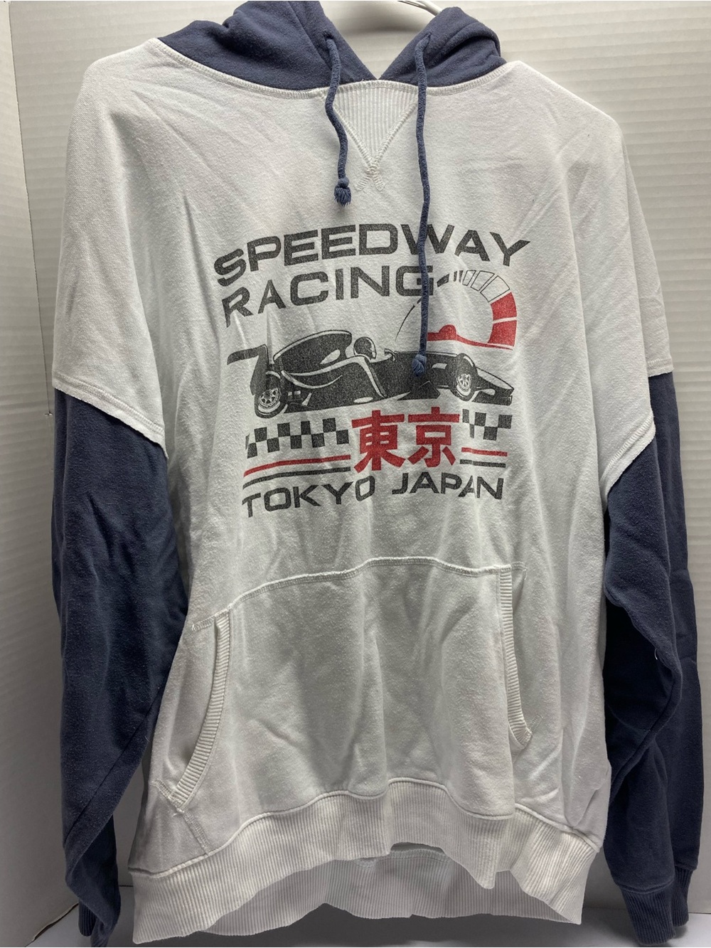 Aeropostale White Pullover Hoodie with Navy Sleeves and Red Racing Accents